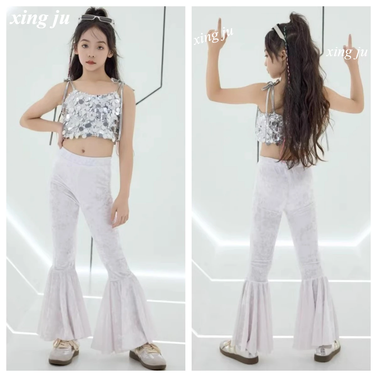 

Детский костюм для джазовых танцев для девочек, уличные танцы, серебряные блестки, короткие топы на бретельках, узкие расклешенные брюки, детская одежда в стиле хип-хоп для сценического шоу