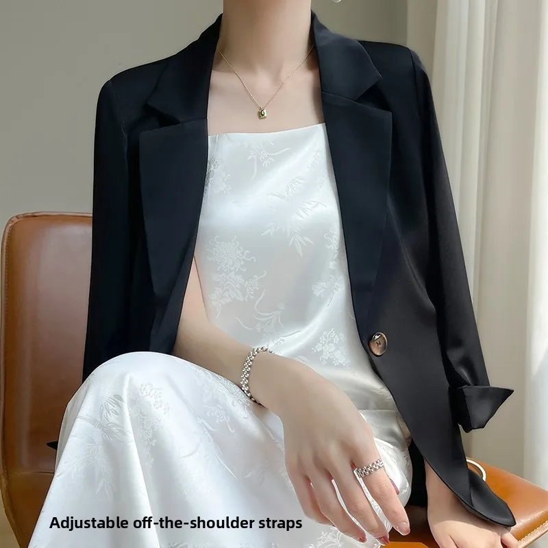 

Лето 2022, новое женское длинное платье трапециевидной формы из ацетата и атласа Dr, с принтом на одно плечо, модное однотонное платье на ягодицах...