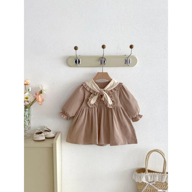 Custom-made girls' spring dress, forest-style fashionable dress, little girl's college-style collared long-sleeve princess dress