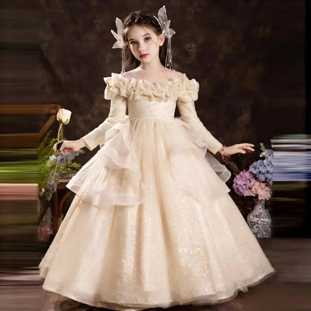 2026 Kids Girl sFormal Dress Flower Long Sleeve Host Piano Elegant Dresses Costume Girl Wedding Children Birthday Princess Gown