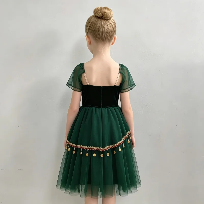 Kids dark green short sleeve golden thread embroidered coin pendant ballet tutu dress retro court dance dress for Spanish dance