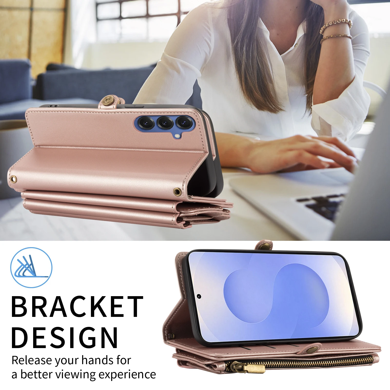 Handyhülle im Wallet-Stil für Samsung A17/A16/A15/A14/A13/A26/A36/A55/A56/A57 mit Umhängegurt, mehreren Kartenfächern und Münzfach, Handyhülle aus Kunstleder – Detail 11