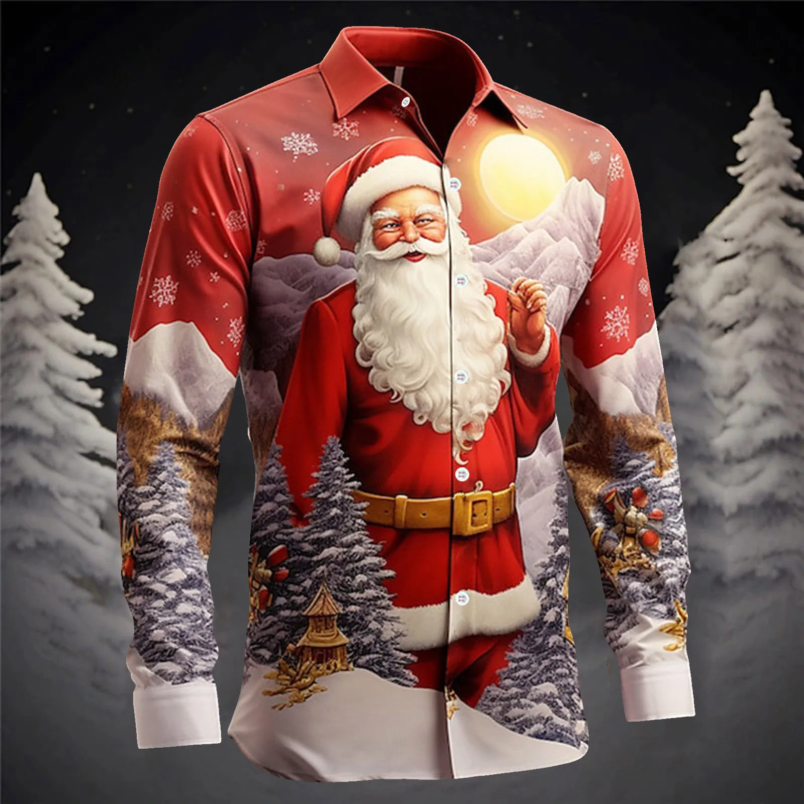 

3D Printed Christmas Snowflakes Casual Fashion Comfortable Button Down Shirt Men's Long Sleeve Party Shirt Top Men's Santa Claus