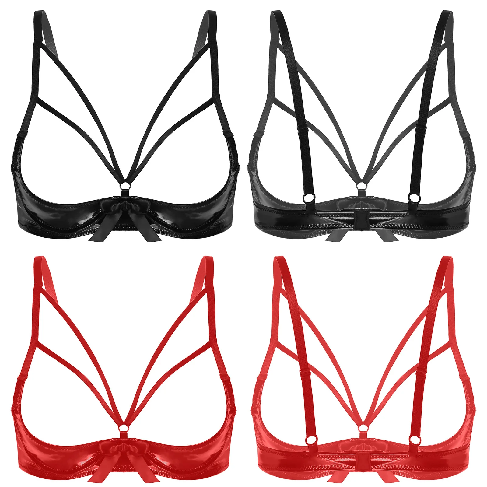 Sexy Lingerie Womens Erotic Patent Leather Cupless Bra Tops Half Cup Open Nipple Bowknot Underwired Bras Tank Bralette Crop Tops