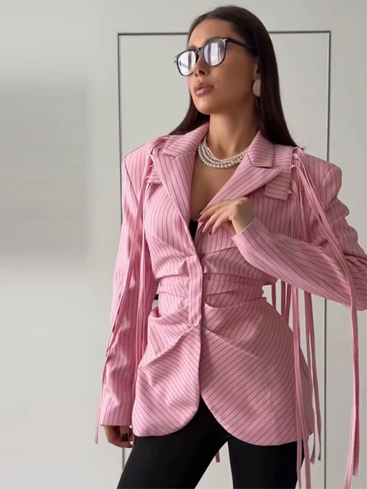 

Stripe Lace Up Fold Women's Shirt Pink Long Sleeve Turndown Collar Slim Female Top 2026 Spring Summer Covered Button Lady Tops