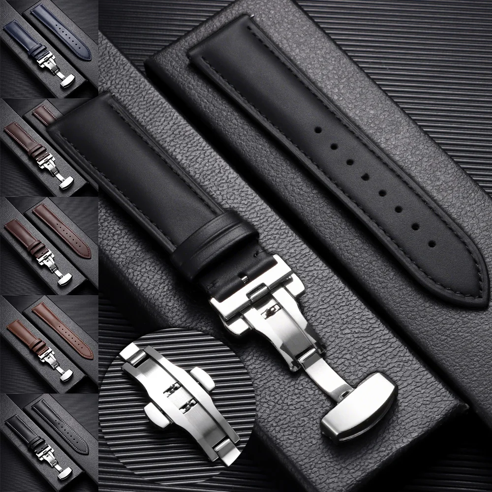 

Smooth Genuine Calfskin Watch Band 18 19 20 21 22mm Strap Sport Butterfly Buckle Men Women Business Bracelet for Seiko for Omega