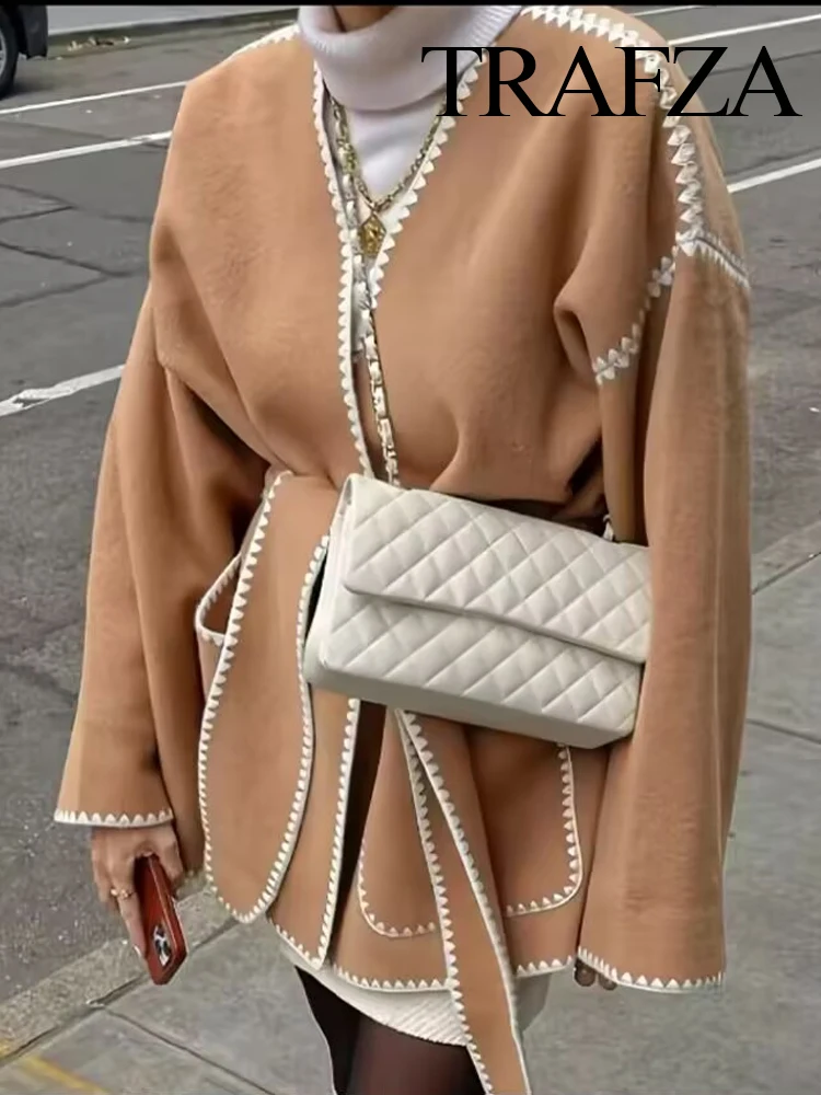 

HH Women Autumn Fashion Vintage V-neck Shell Craft Belt Woolen Jacket Female High Street Casual Pocket Decorative Coat Mujer