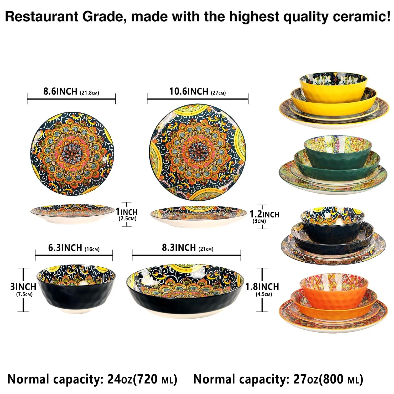 طقم أدوات مائدة سيراميك طقم أواني طعام بورسلين ماندالا أنيق لـ 4 أشخاص مع أطباق وأطباق أدوات مائدة أنيقة ومتينة مثالية