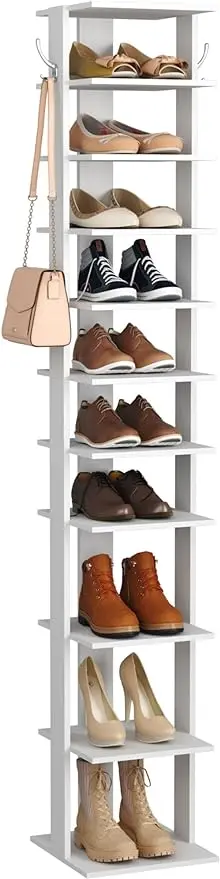 

10-Tier Vertical Shoe Rack Corner Tower Slim Shoe Organizer with Two Hanging Hooks Wooden Storage Stand