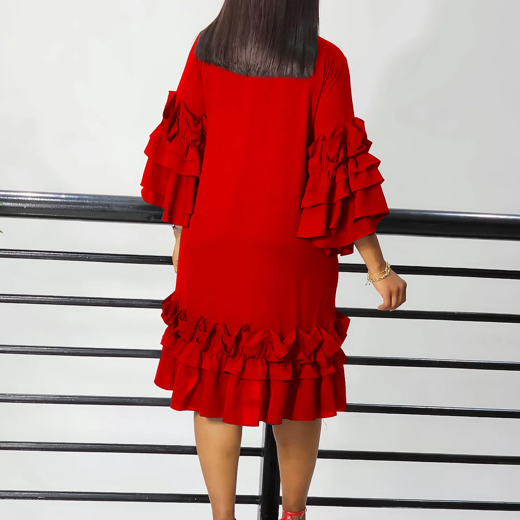 2024 Trend Women Red Dress Luxury Spring Summer New Fashion Casual Style Ruffled Horn Sleeve Sukienki Damskie Vestidos De Mujer