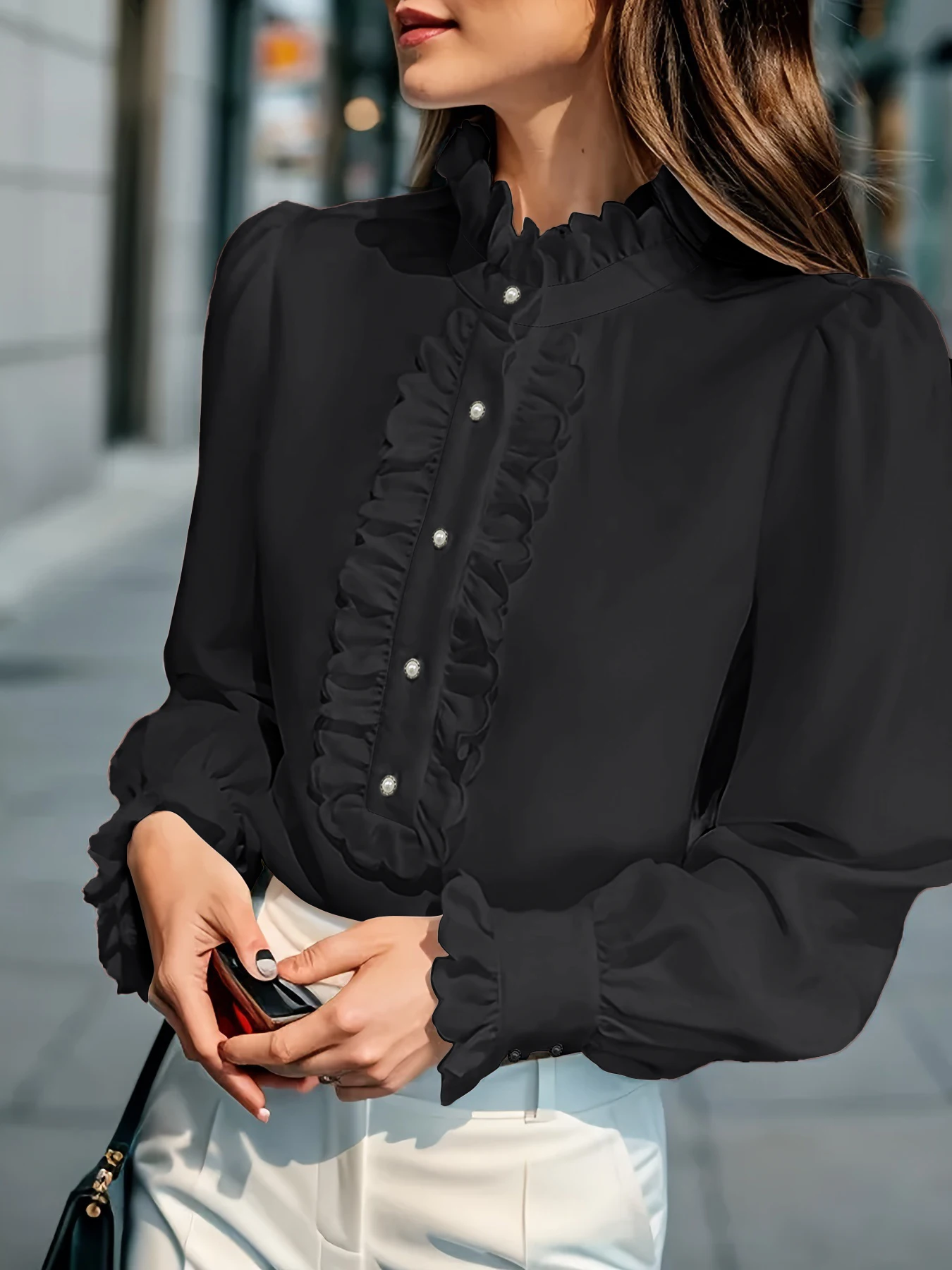 Damen-Bluse mit Rüschen und Stehkragen, Puffärmel, Knopfverzierung, elegantes Bürohemd, lässige Chiffon-Oberteile – Detail 7