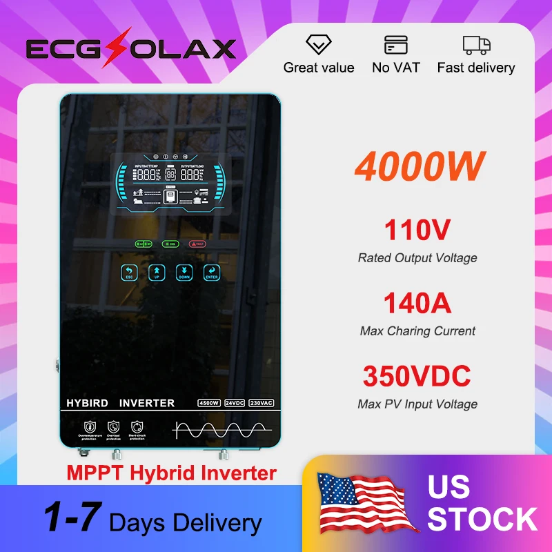 ECGSOLAX Hybrid Solar Inverter 4KW 24V 110/120V Pure Sine Wave Off Grid Inversor Built in MPPT 140A Solar Charge Home inverter