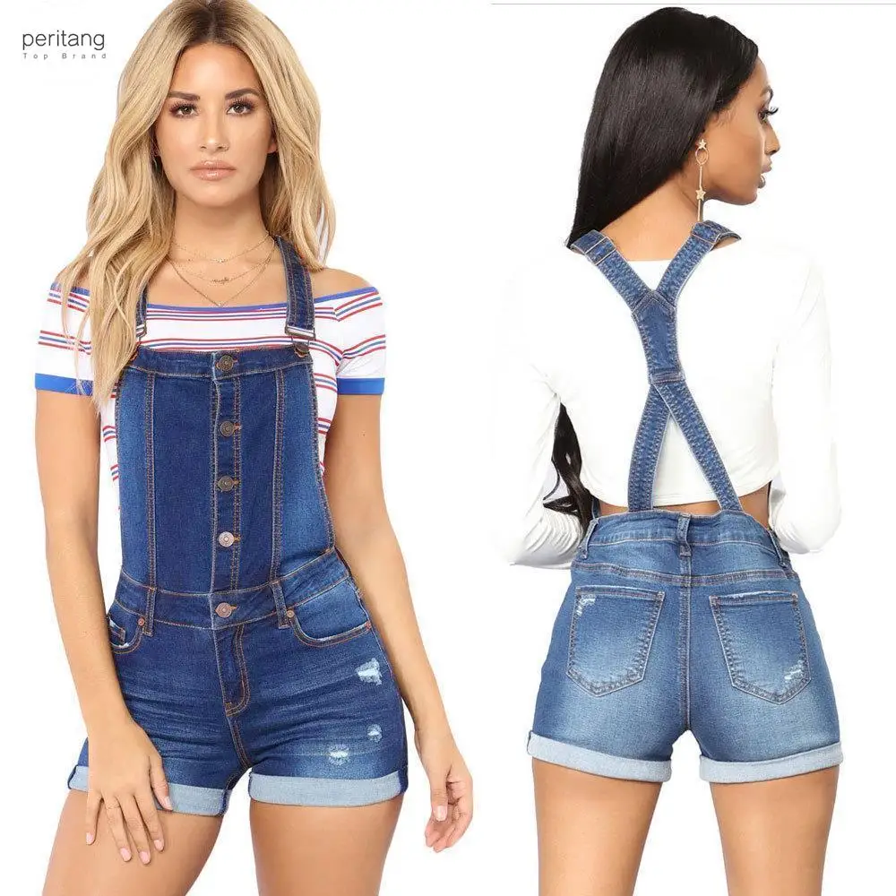 Overall Denim pendek wanita, Jumpsuit pendek Denim pinggang tinggi kasual Jeans bermain tali Salopette dicuci Musim Panas 2024