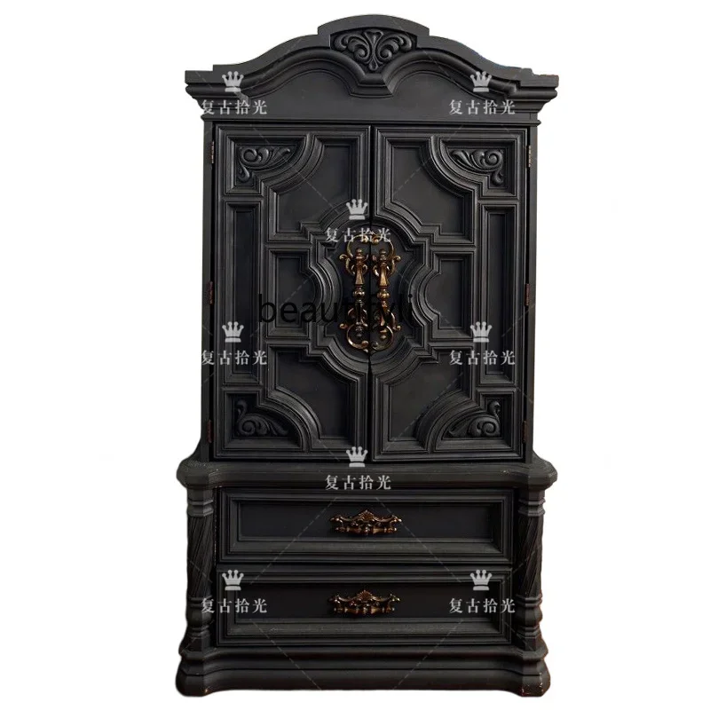 

Retro, French retro solid wood carving flower wine cabinet American retro decorative cabinet living room wall storage cabinet