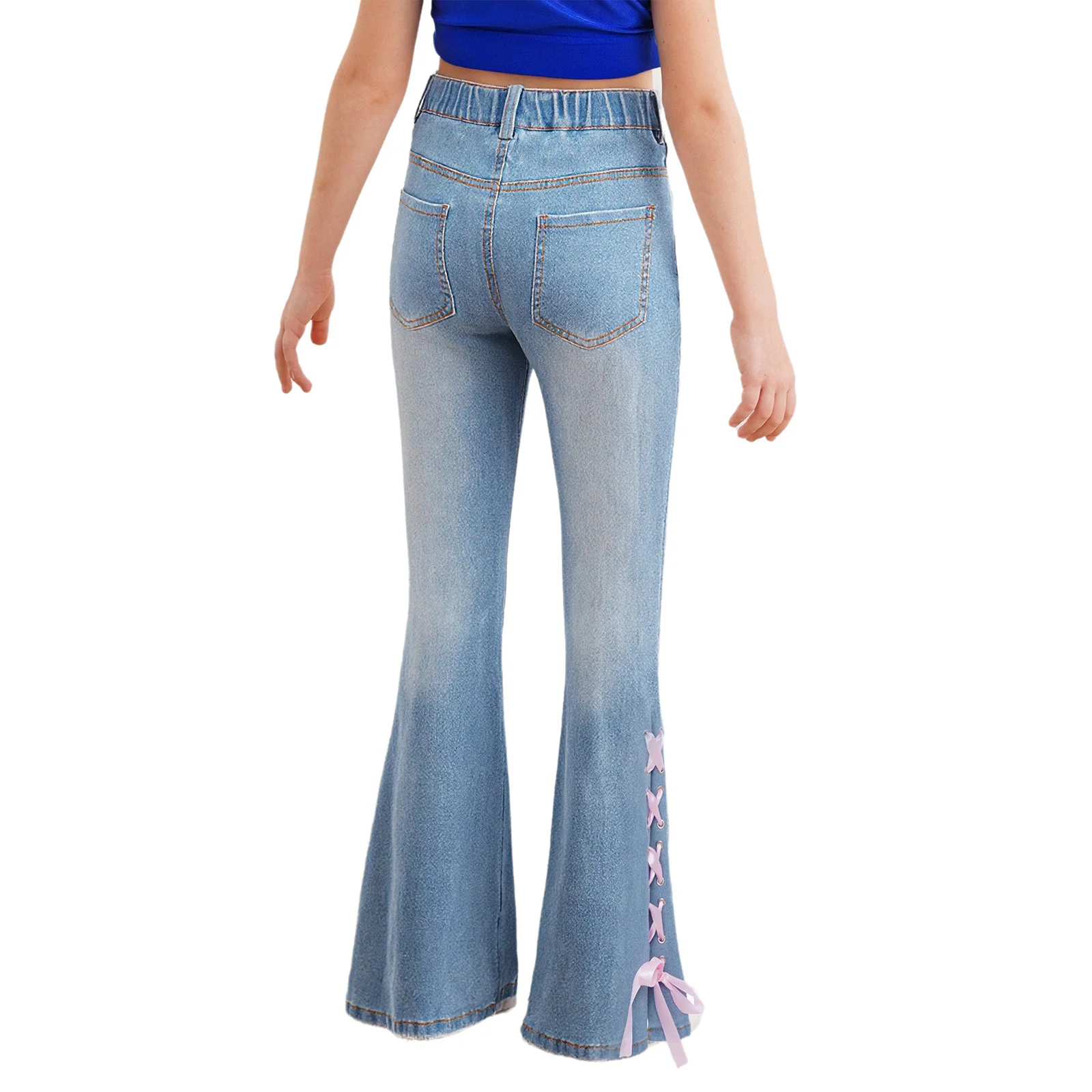 أطفال بنات متوهج الجينز السراويل الجانبين شق الذاتي التعادل مرونة الخصر جرس أسفل الدنيم السراويل مع جيوب ملابس كاجوال بنطلون #3