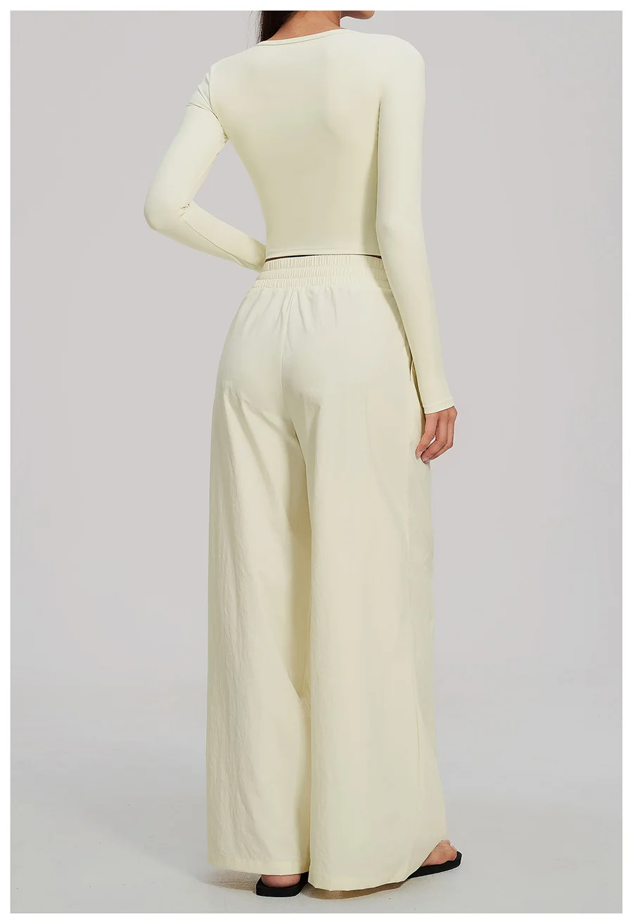2-teiliges Yoga-Set für Damen, Langarm-Fitness-Oberteil, Trainingsanzug, Sportbekleidung, High-Waist-Hose mit geradem Bein, Fitness-Sportanzug – Detail 8