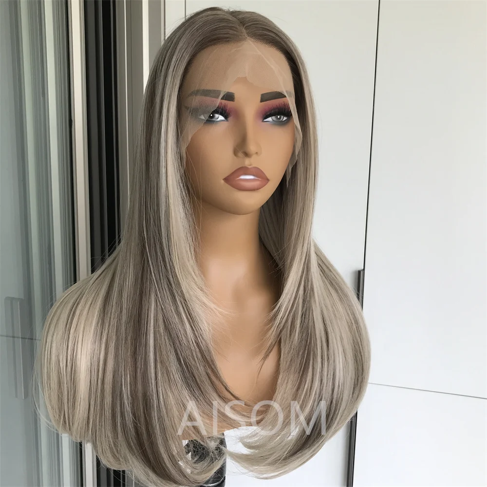 Highlight Blonde Layered Wig Synthetic Lace Front Wig for Women Straight Chocolate Brown Colored Pre Plucked Lace Wig Black