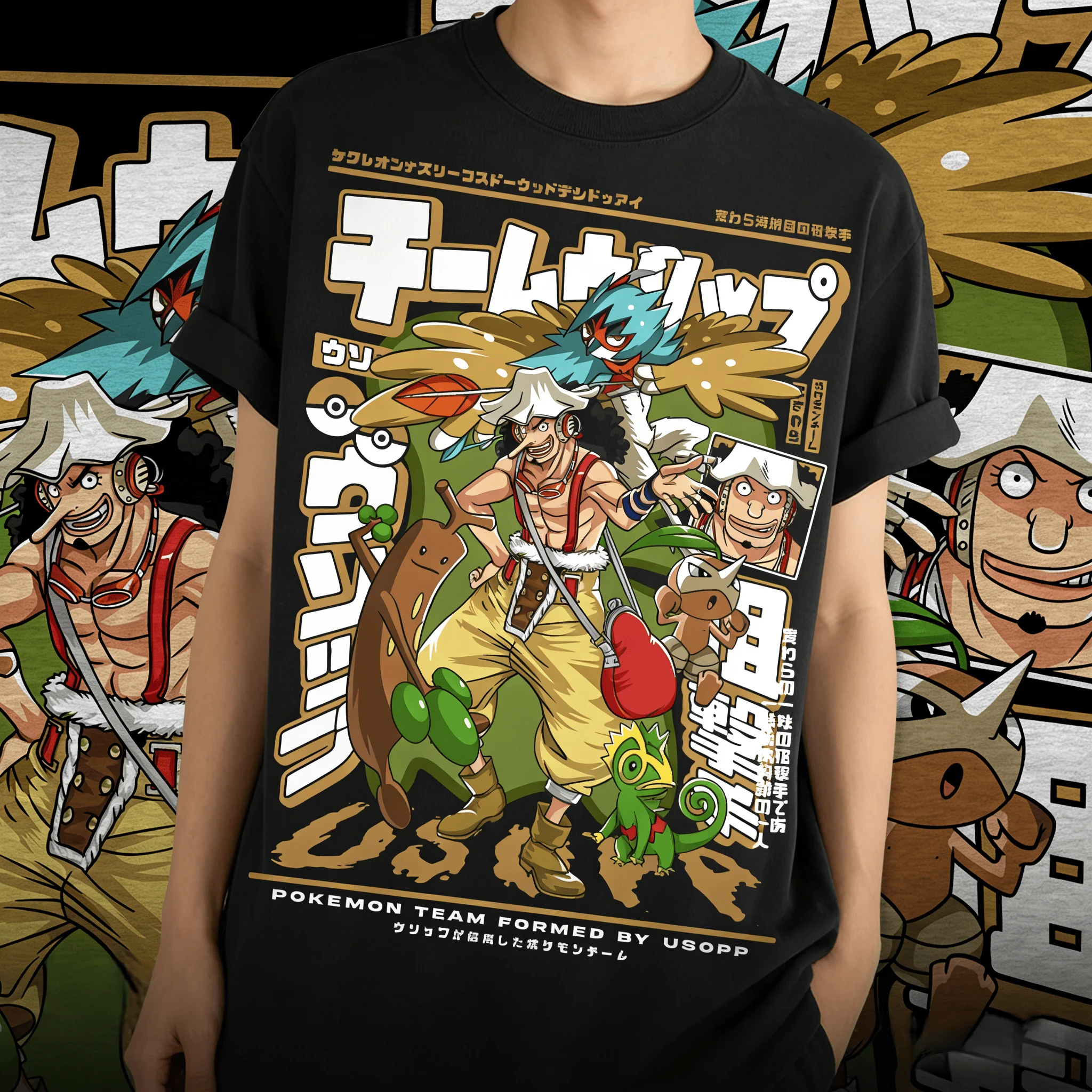 

One Piece x Pokemon -Usopp Graphic Men T-Shirt Oversized 100% Cotton Unisex O-Neck Short Sleeve Y2k Women Streetwear Popular Tee