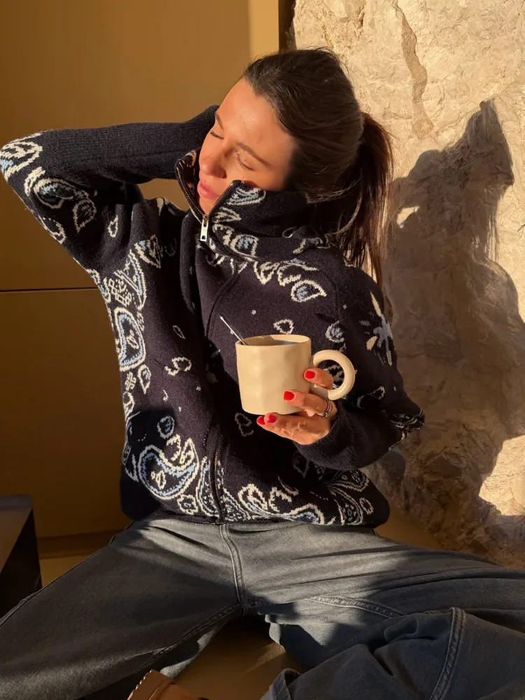 Damski kardigan rozpinany na zamek, luźny, z klapami, kieszeniami, modny, dzianinowy, żakardowy sweter damski, zimowy płaszcz z długim rękawem, styl uliczny, 2026