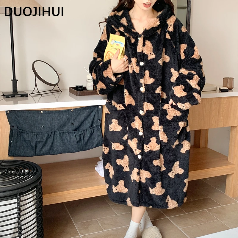 DUOJIHUI Contrast Color Hooded Cute Thick Warm Robes for Women Chic Print Pocket Loose Simple Casual Fashion Flannel Female Robe