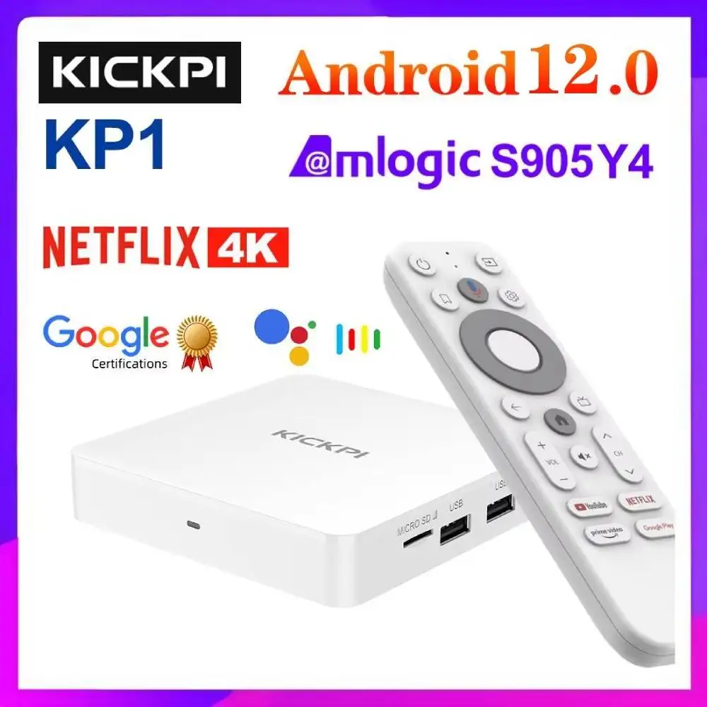 KICKPI KP1 Google Netflix TV Box 4K Set Top Box Android 12.0 Amlogic S905Y4 Media Player Android 12 2G32G AV1 2.4G&5G Wifi BT5.0