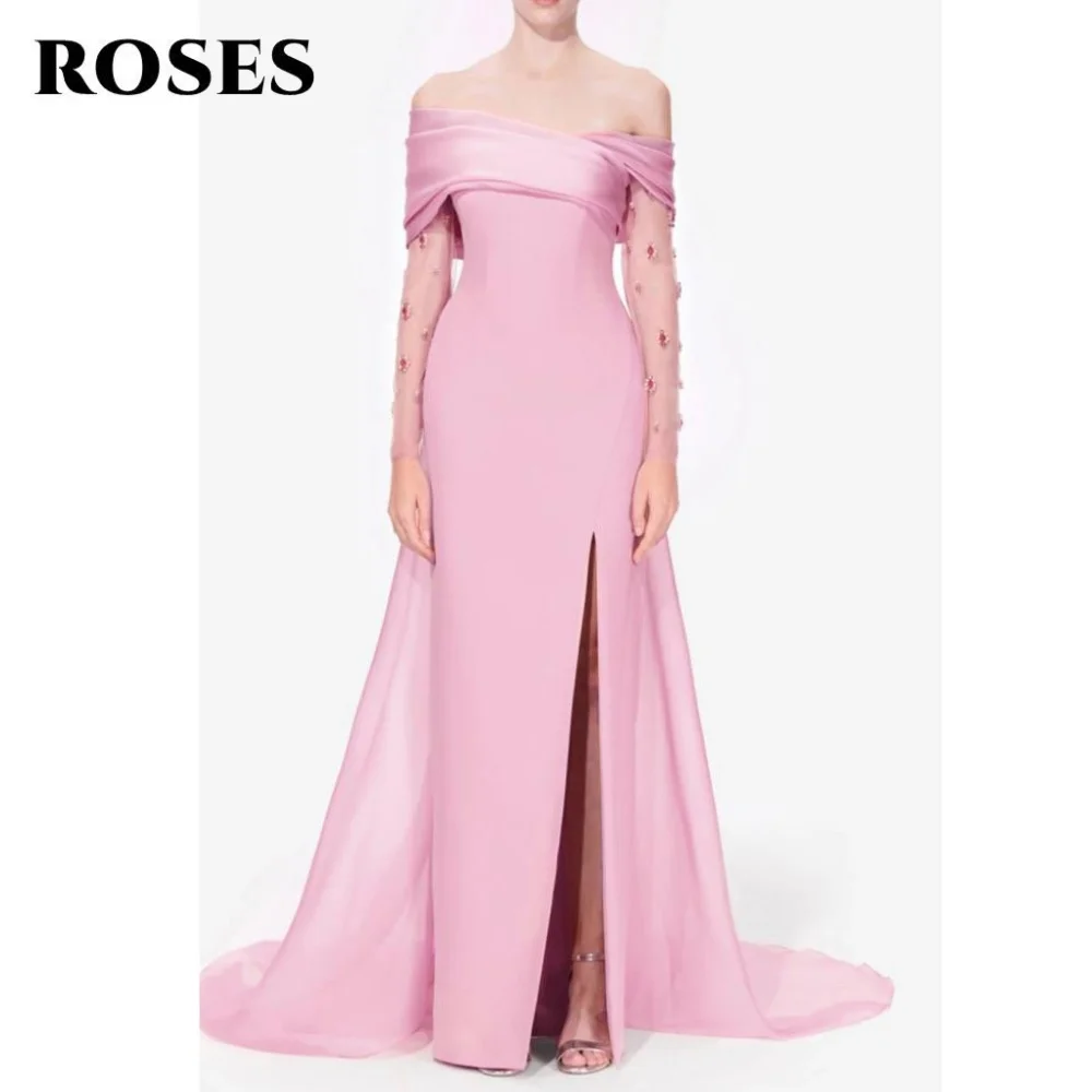 

ROSES Pink Off Shoulder Prom Dress Satin Celebrity Dress Split Full Sleeve Women's Evening Dress Pleats Formal Gown Customized