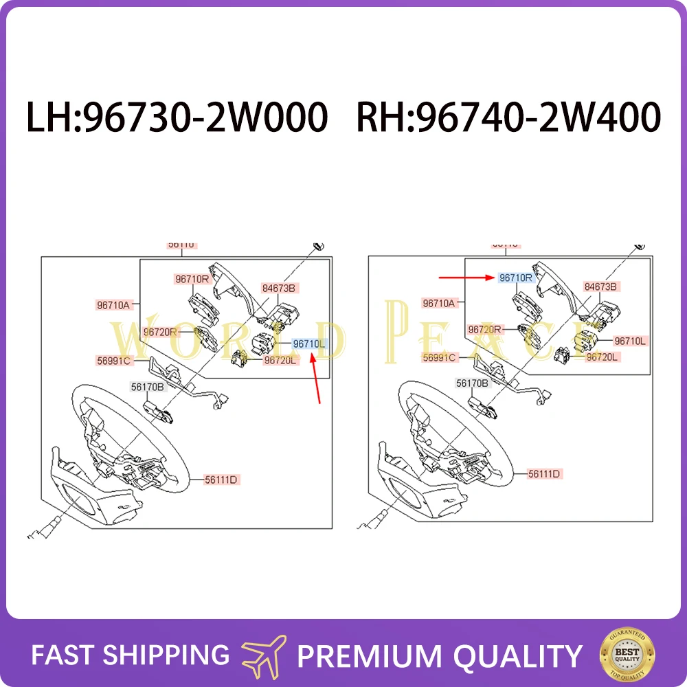

LH&RH Steering Wheel Multifunction ​Switches 967302W000RYN 967402W400RYN For Hyundai Santa Fe 2013-2016 96730-2W000 96740-2W400