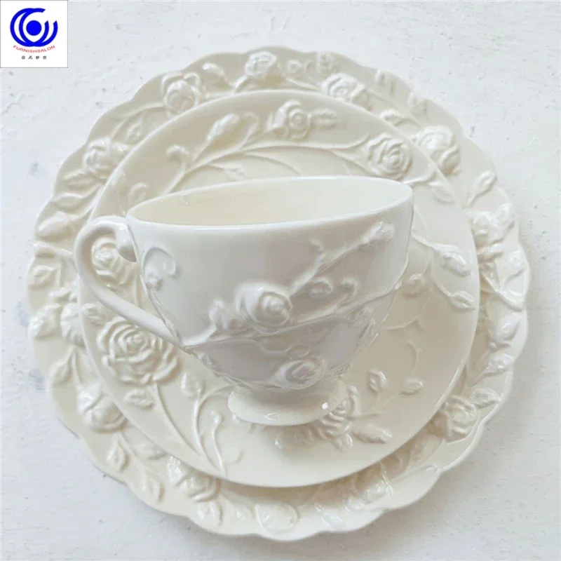 Embossed Rose and Saucer Set Ins Style High Value Coffee Flower Tea Exquisite Afternoon Tea Cup