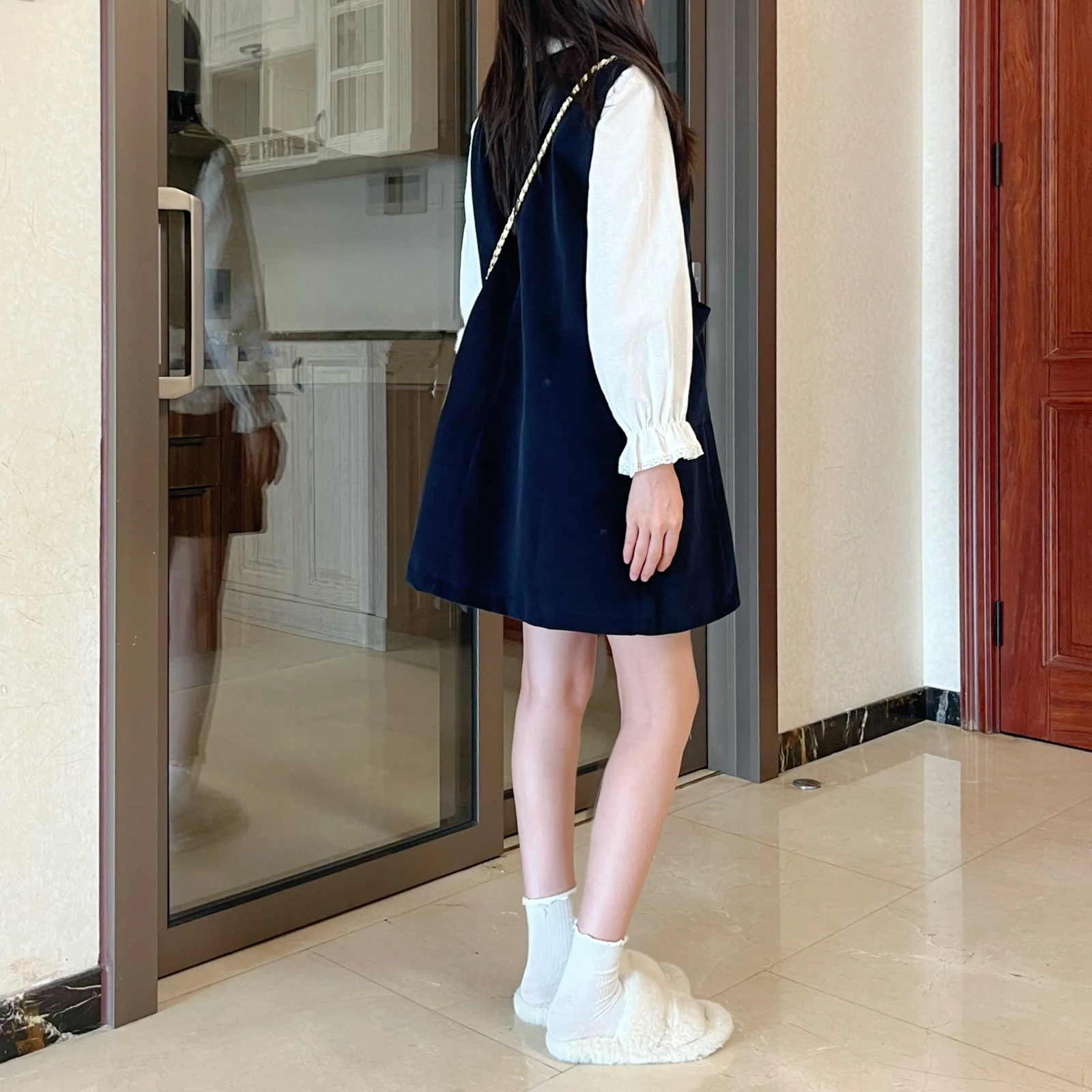 아일린 빈티지 베스트 스커트 숏 플래드 루즈 스윗 유스풀 드레스 코듀로이 작은 체형 여성용 레트로 스타일 라운드넥 드레스