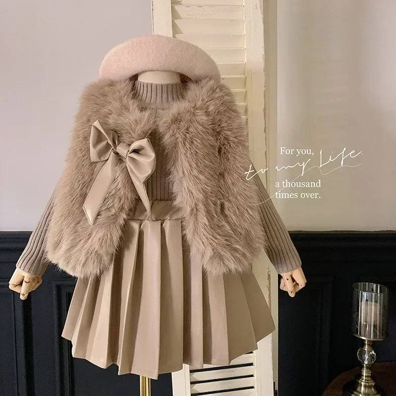 

Kid Clothes Suit Korean Style The Girl Suit Autumn and Winter Children Fashion Fur Coat Coat Knitted Top Pleated Leather Skirt