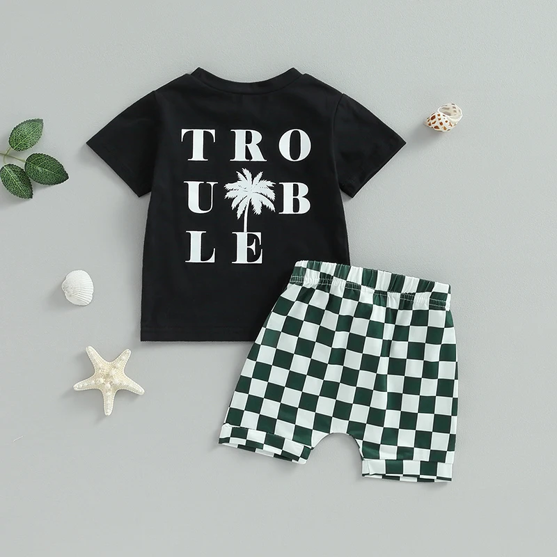 0-3Y Lioraitiin Toddler Baby Boys Clothes Set Short Sleeve Skull Print T-shirt with Plaid Shorts Summer Outfit