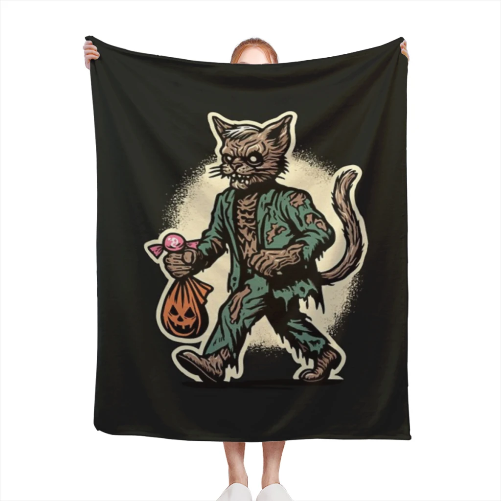 Undead Zombie Cat Cute Halloween Cat Fluffy Baby Blanket Sofa Camp Nap Bedspread Cozy Flannel Blanket Bedroom Decor