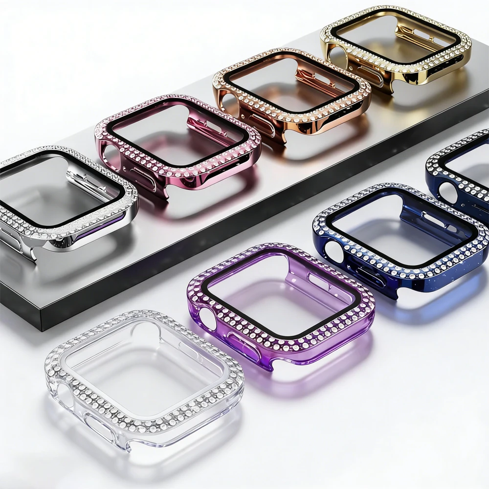 Screen Protector For Apple watch Case 10 11 42mm 46mm 38/40/41/44/45mm Diamond Bumper Tempered Glass Series 9 7 SE 6 8 5 Cover