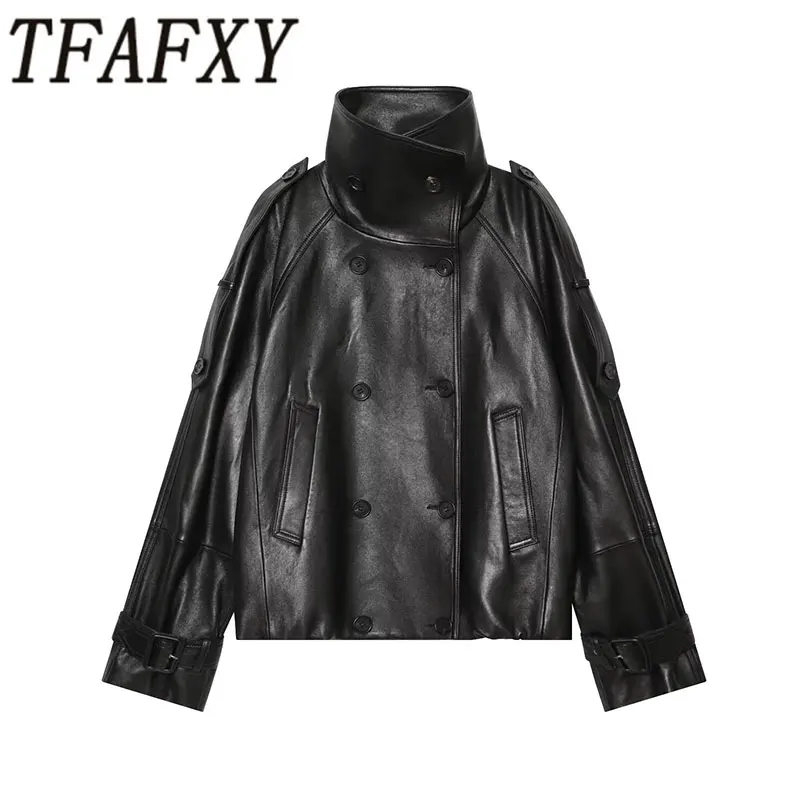 TFAFXY 2026 Autumn Vintage Chic Women Faux Leather Jackets Solid Stand Collar Double Breasted Pockets Loose Coat New Fashion Coa