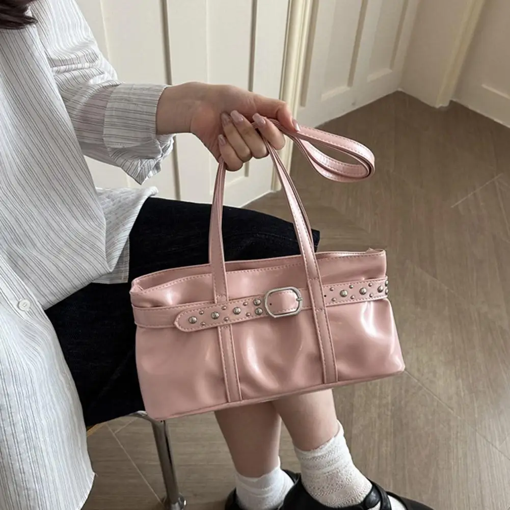 Rivet-Gürtelschnalle, Unterarmtasche für Damen, große Kapazität, einfarbig, Schultertasche, Retro-Handtasche für den täglichen Gebrauch. – Detail 14