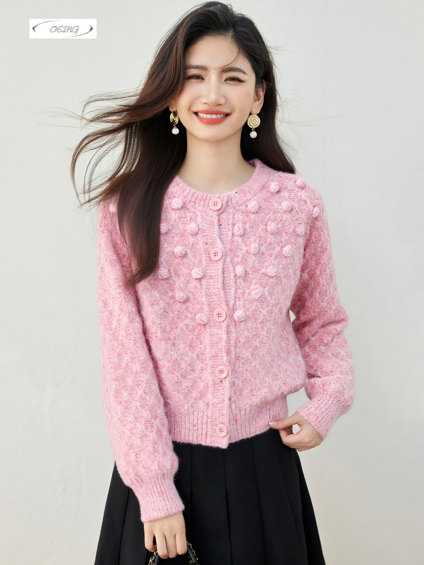 

Autumn Winter French Style Sweet Pink Knitted Cardigan Sweater Elegant Chic Single Breasted O-neck Furball Knitwear Tops 9720