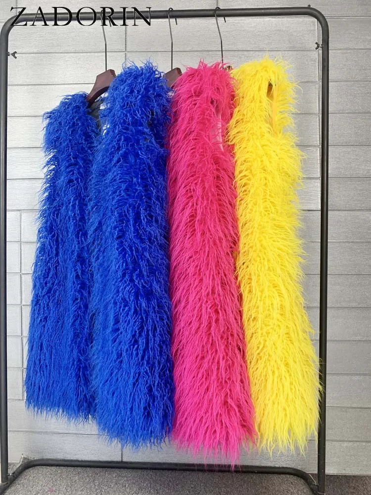 ZADORIN High Street 100cm Winter Long Fluffy Faux Sheep Fur Vest Women Korean Fashion Colorful Sleeveless Faux Fur Jacket Pink