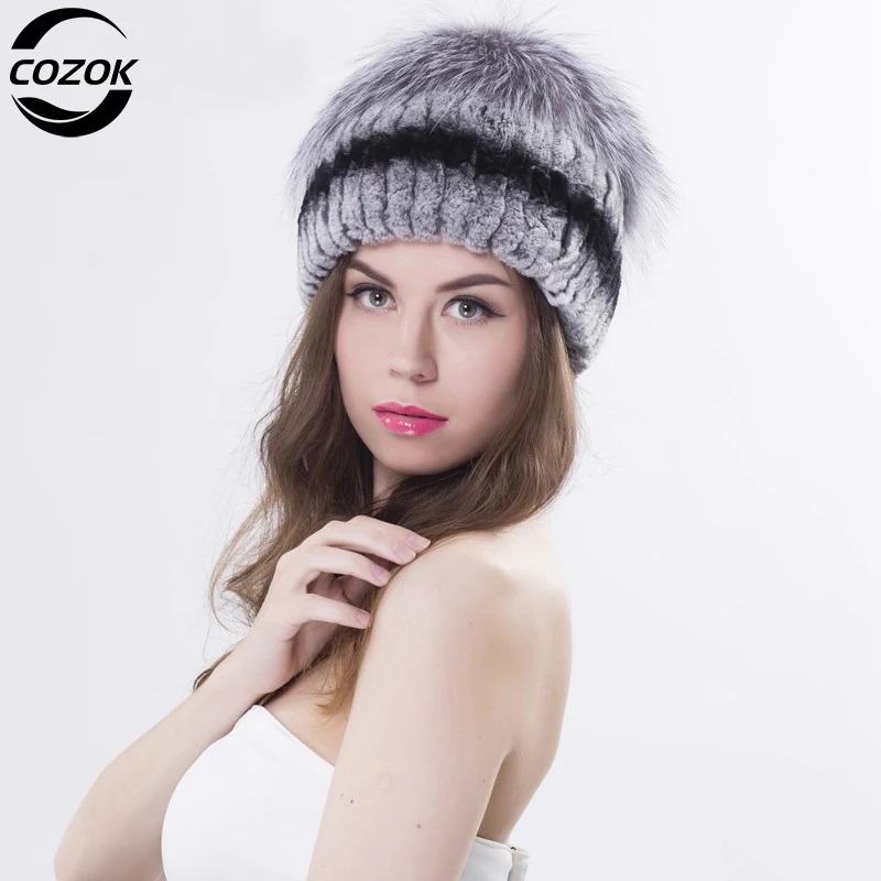 

New Winter Lady Real Fur Hats Women Warm Knitted Genuine Rex Rabbit Fur Hat Top Natural Fox Fur Bomber Caps Rex Rabbit Fur Cap