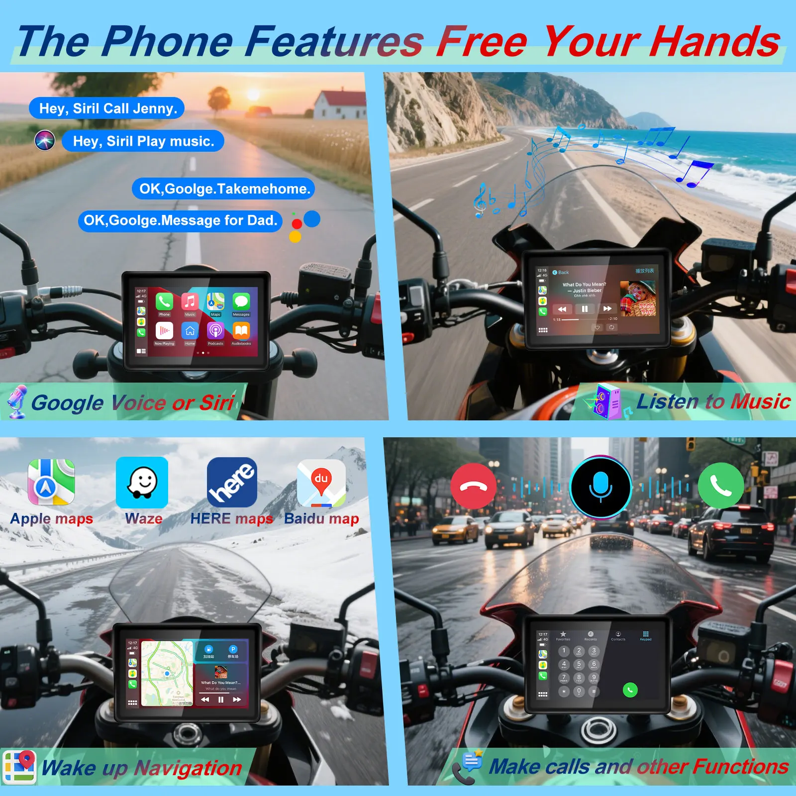 Pantalla de navegación portátil para motocicleta de 5 pulgadas, inalámbrica, CarPlay, GPS, Moto, Android, Monitor automático, resistente al agua