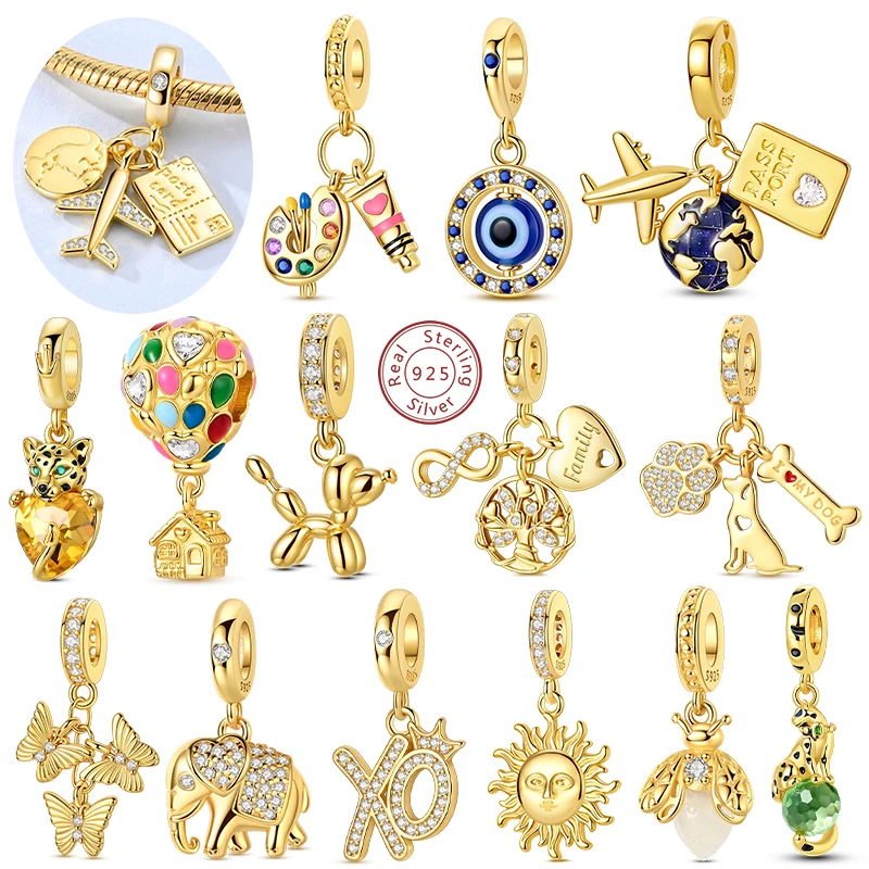 Original Charm Bead Pendent 925 Silver Gold Series Butterfly Firefly Earth Airplane Charm Fit Bracelet Bangle Woman Jewelry Gift