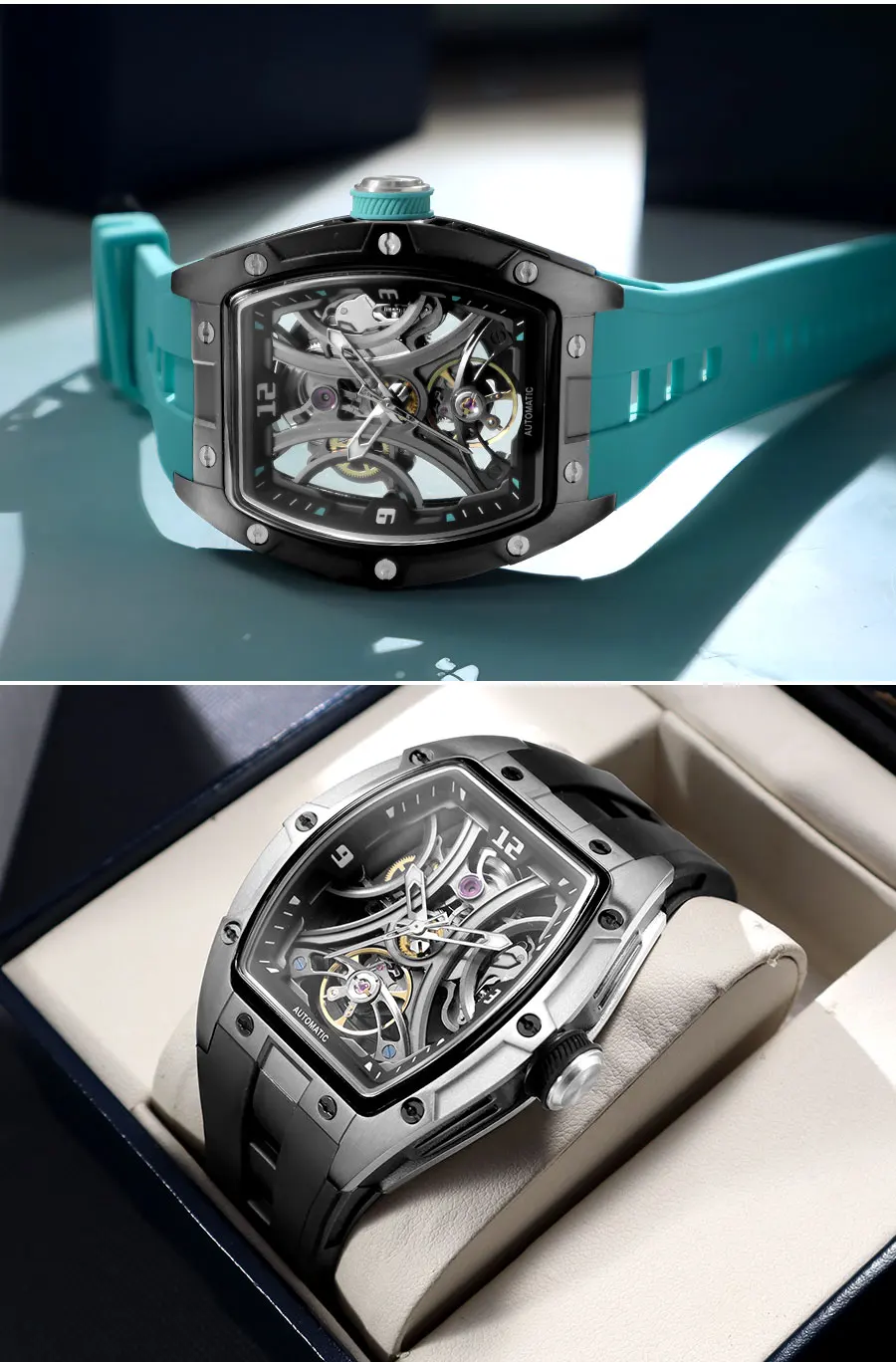 MEGIR Sport-Stil, automatische mechanische Uhr für Herren, voll hohl, transparentes Zifferblatt-Design, Edelstahlgehäuse, Silikonarmband – Detail 7