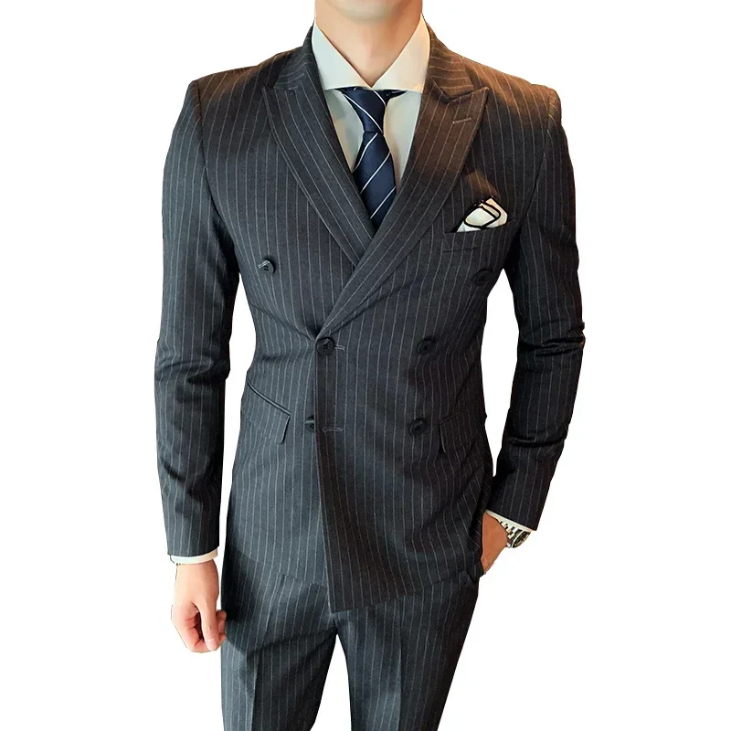 

( Jacket + Vest + Pants ) New Men's Double-breasted Tuxedo Groom's Wedding Dress British Gentleman Suit 3Pcs Sets