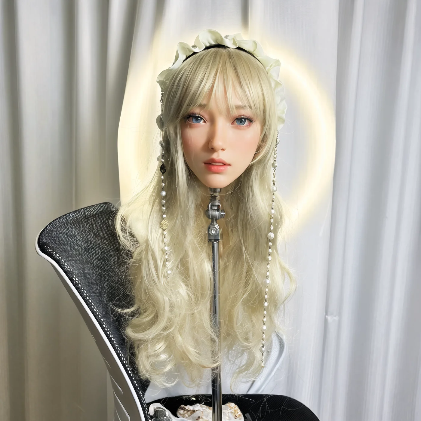 

A simulated female head model, used for hairstylist training, featuring realistic facial details. Suitable for both men and wome