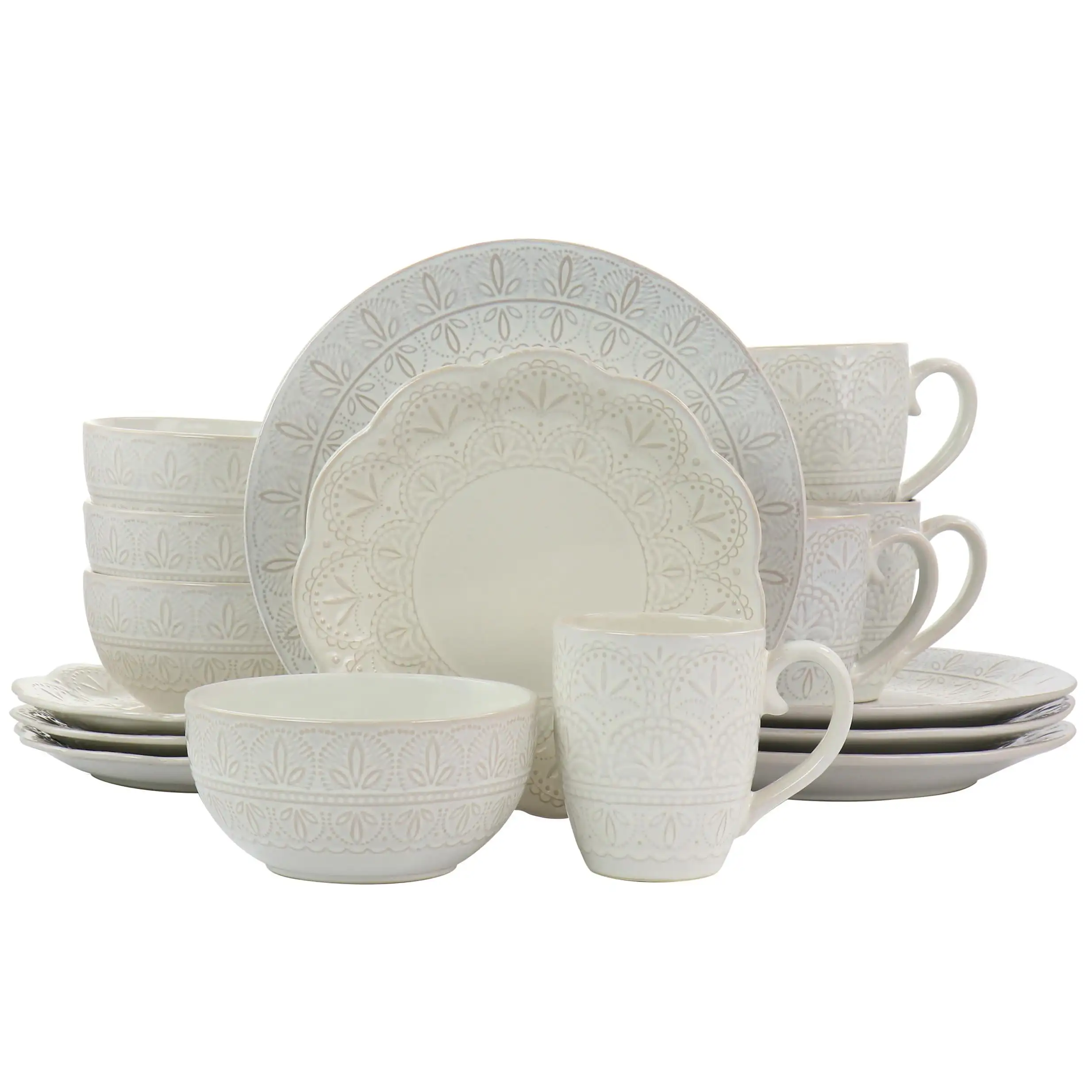

White lace 16-piece round scalloped stoneware dinner set