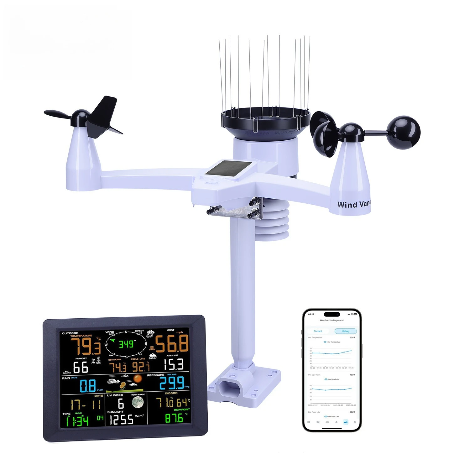 7-in-1 Wireless Weather Station Outdoor Sensor with Large Screen Wind Rain UV Temperature Humidity Monitor