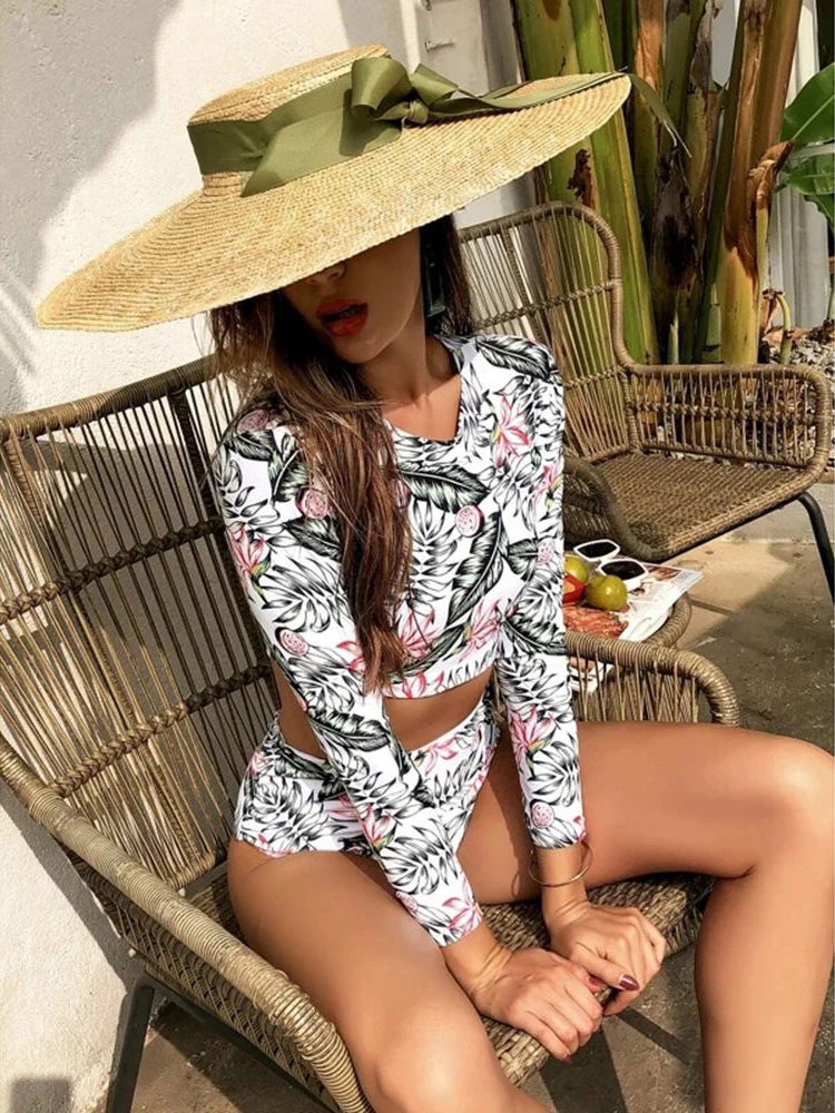 Sexy Two Piece Swimsuit Swimwear Women Long Sleeves Leaf Flowers Print High Waist Bathing Suit Beachwear Banadores Mujer 2024