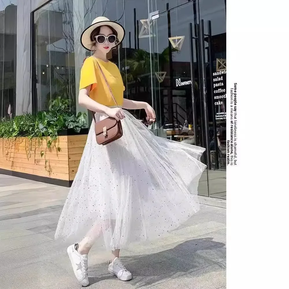 Starry Sequins Tulle Skirt A- Line Women's Student Autumn Winter New Release Mid-Length Two-Layer Underneath