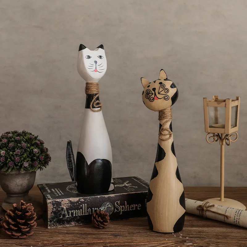 

Cute Cartoon Cat Wooden Figurine Modern Nordic Home Decor Desktop Study Ornament Housewarming Gift