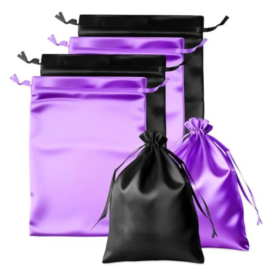 4-Pack Satin Wig Bags for Travel Gift Use, Purple Black, Soft Silk-Like Material, Drawstring Closure for Wigs, Extensions, Weav