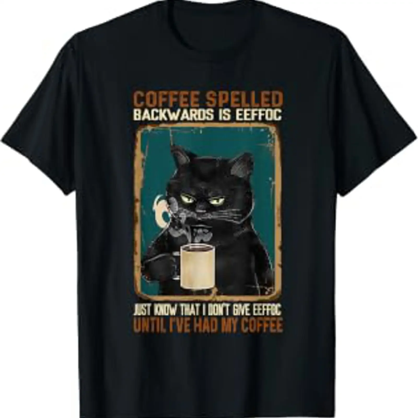 Vintage Black Cat Coffee Spelled Backwards Is Eeffoc T Shirt vintage Washed Top For Everyday Wear Casual Unisex Soft graphic